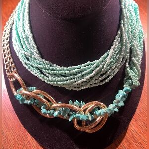 Genuine Turquoise Multi Strand Seed Beaded Necklace, 42” Adjustable Gold Chain